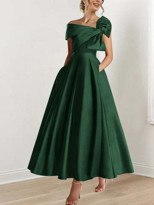 Sleeveless Off-the-Shoulder A-Line Princess Ankle-Length Mother of the Bride Dress with Bow(s)