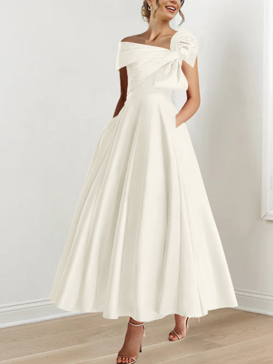Sleeveless Off-the-Shoulder A-Line Princess Ankle-Length Mother of the Bride Dress with Bow(s)