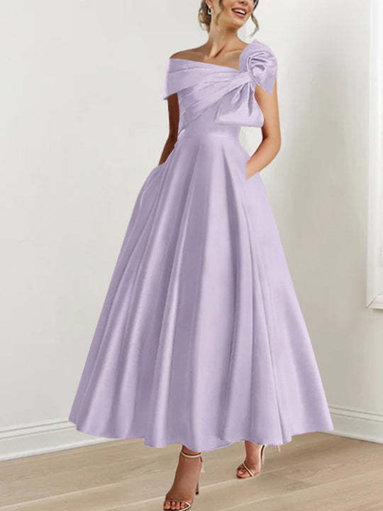 Sleeveless Off-the-Shoulder A-Line Princess Ankle-Length Mother of the Bride Dress with Bow(s)