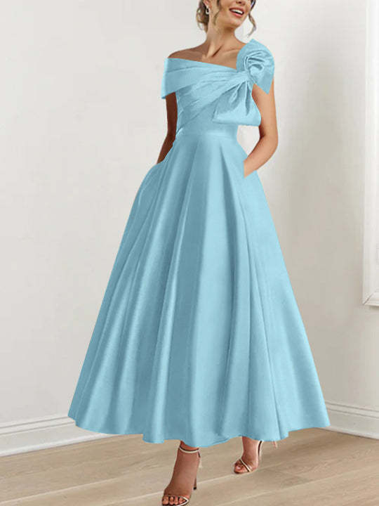 Sleeveless Off-the-Shoulder A-Line Princess Ankle-Length Mother of the Bride Dress with Bow(s)