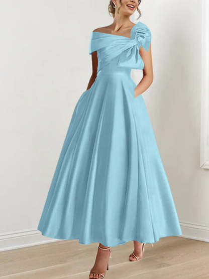 Sleeveless Off-the-Shoulder A-Line Princess Ankle-Length Mother of the Bride Dress with Bow(s)
