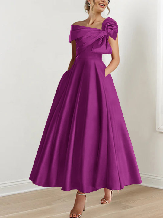 Sleeveless Off-the-Shoulder A-Line Princess Ankle-Length Mother of the Bride Dress with Bow(s)