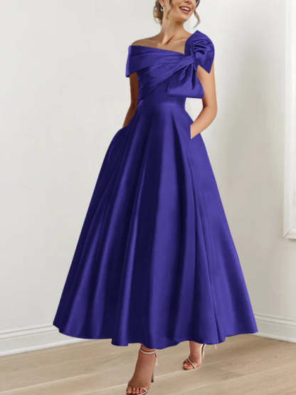 Sleeveless Off-the-Shoulder A-Line Princess Ankle-Length Mother of the Bride Dress with Bow(s)