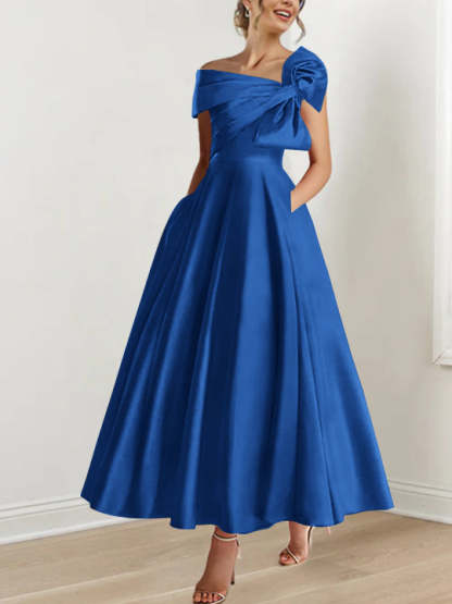 Sleeveless Off-the-Shoulder A-Line Princess Ankle-Length Mother of the Bride Dress with Bow(s)