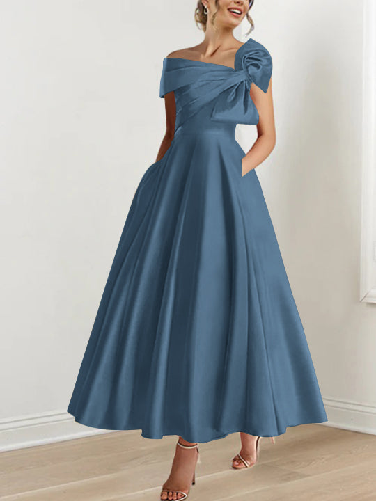 Sleeveless Off-the-Shoulder A-Line Princess Ankle-Length Mother of the Bride Dress with Bow(s)