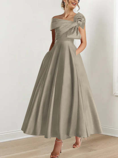 Sleeveless Off-the-Shoulder A-Line Princess Ankle-Length Mother of the Bride Dress with Bow(s)