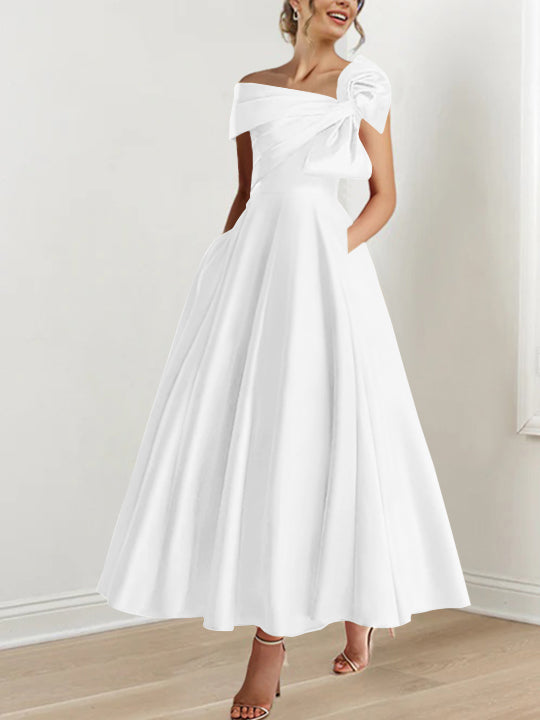 Sleeveless Off-the-Shoulder A-Line Princess Ankle-Length Mother of the Bride Dress with Bow(s)