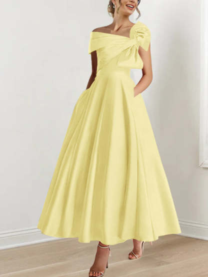 Sleeveless Off-the-Shoulder A-Line Princess Ankle-Length Mother of the Bride Dress with Bow(s)