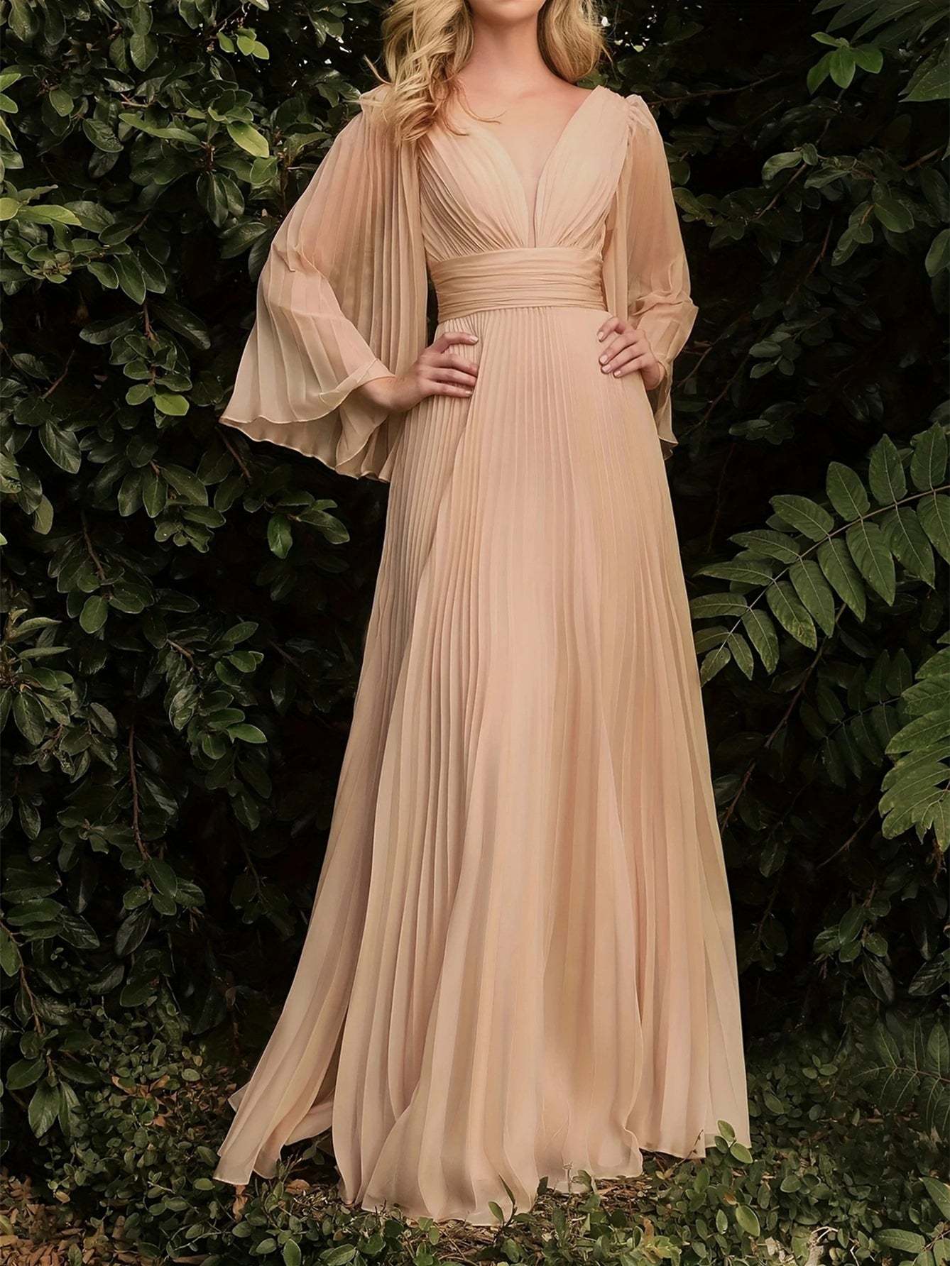 Floor-Length V-Neck A-Line Wedding Guest Dress with Long Sleeves and Pleats