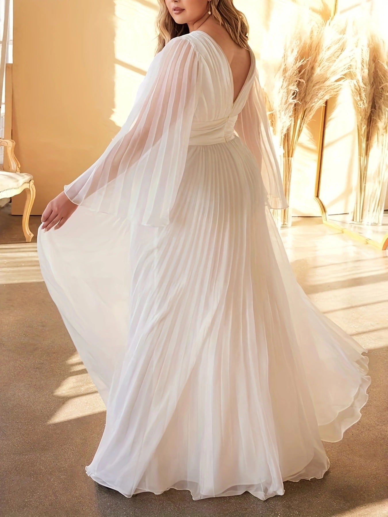 Floor-Length V-Neck A-Line Wedding Guest Dress with Long Sleeves and Pleats