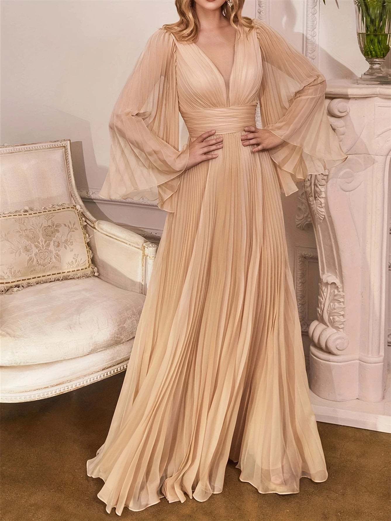 Floor-Length V-Neck A-Line Wedding Guest Dress with Long Sleeves and Pleats