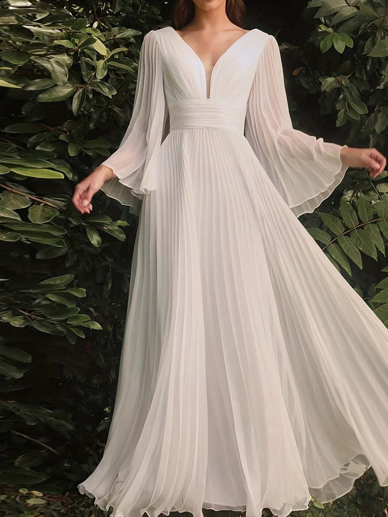 Floor-Length V-Neck A-Line Wedding Guest Dress with Long Sleeves and Pleats