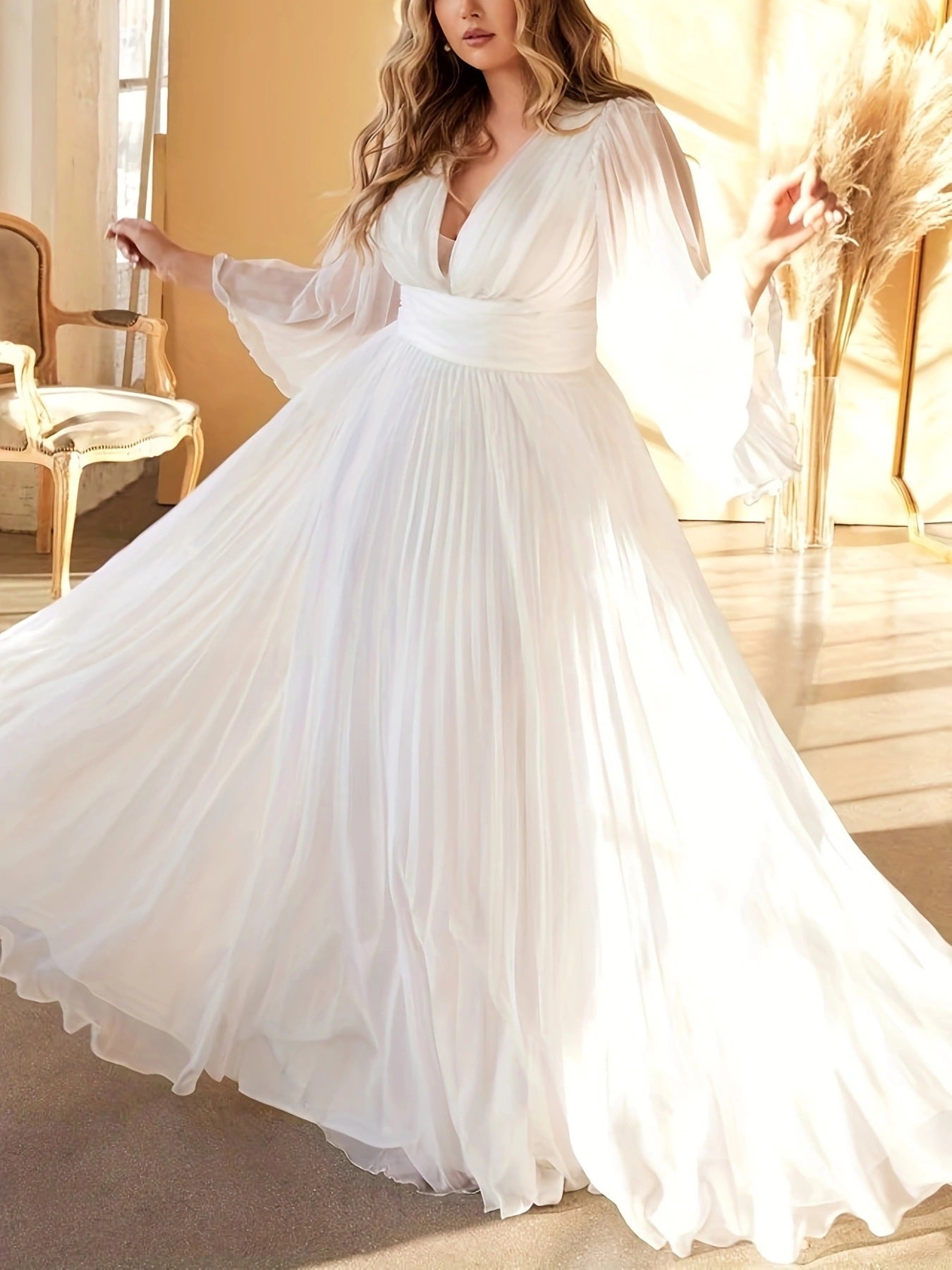 Floor-Length V-Neck A-Line Wedding Guest Dress with Long Sleeves and Pleats