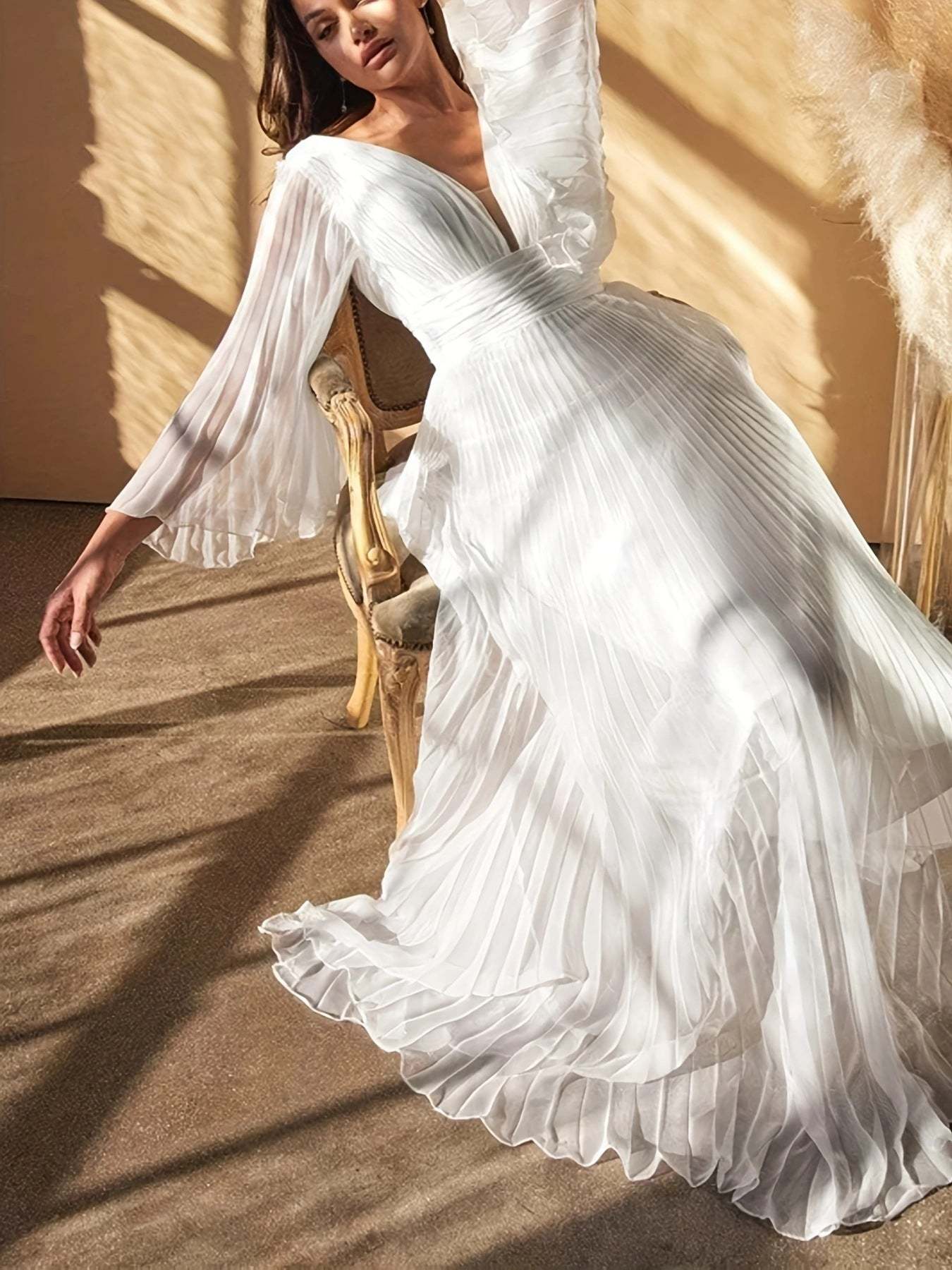 Floor-Length V-Neck A-Line Wedding Guest Dress with Long Sleeves and Pleats
