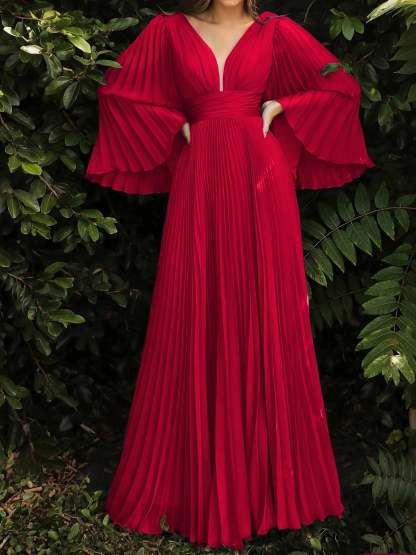 Floor-Length V-Neck A-Line Wedding Guest Dress with Long Sleeves and Pleats