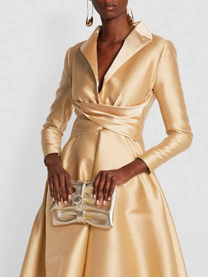 Floor-length V-Neck Evening Dresses with Long Sleeves in A-Line/Princess Style