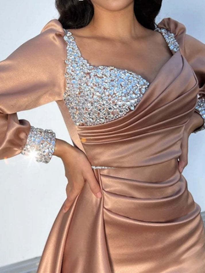 Plus Size Glitter Ruched Evening Dresses with Court Train and Long Sleeves in A-Line/Princess Style