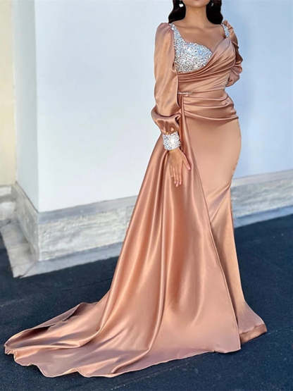 Plus Size Glitter Ruched Evening Dresses with Court Train and Long Sleeves in A-Line/Princess Style