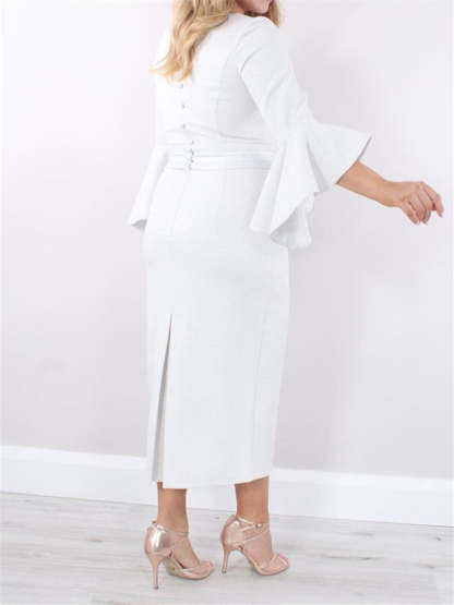 Square Neck Tea-Length Sheath/Column Mother of the Bride Dress with 3/4 Sleeves and Ruffles
