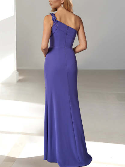 One-Shoulder Sleeveless Floor-Length Sheath/Column Mother of the Bride Dress with Beaded Details