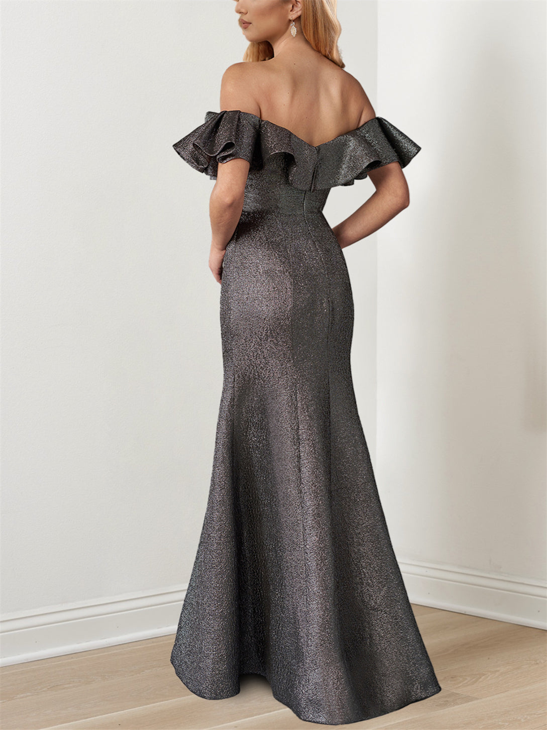 Off-the-Shoulder Floor-Length Mermaid/Trumpet Gown with Ruffle Sleeves for the Mother of the Bride