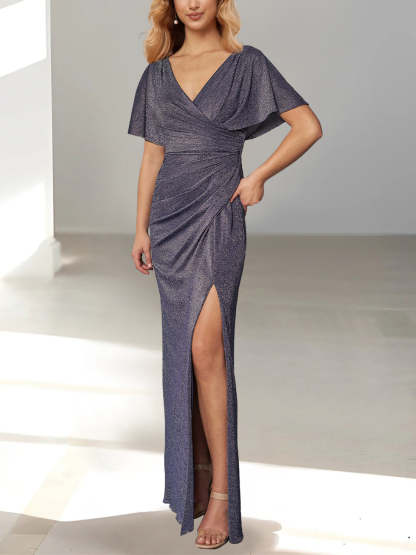 Floor-Length Plunging Neck Mother of the Bride Dress with Draped Sleeve and Side Split