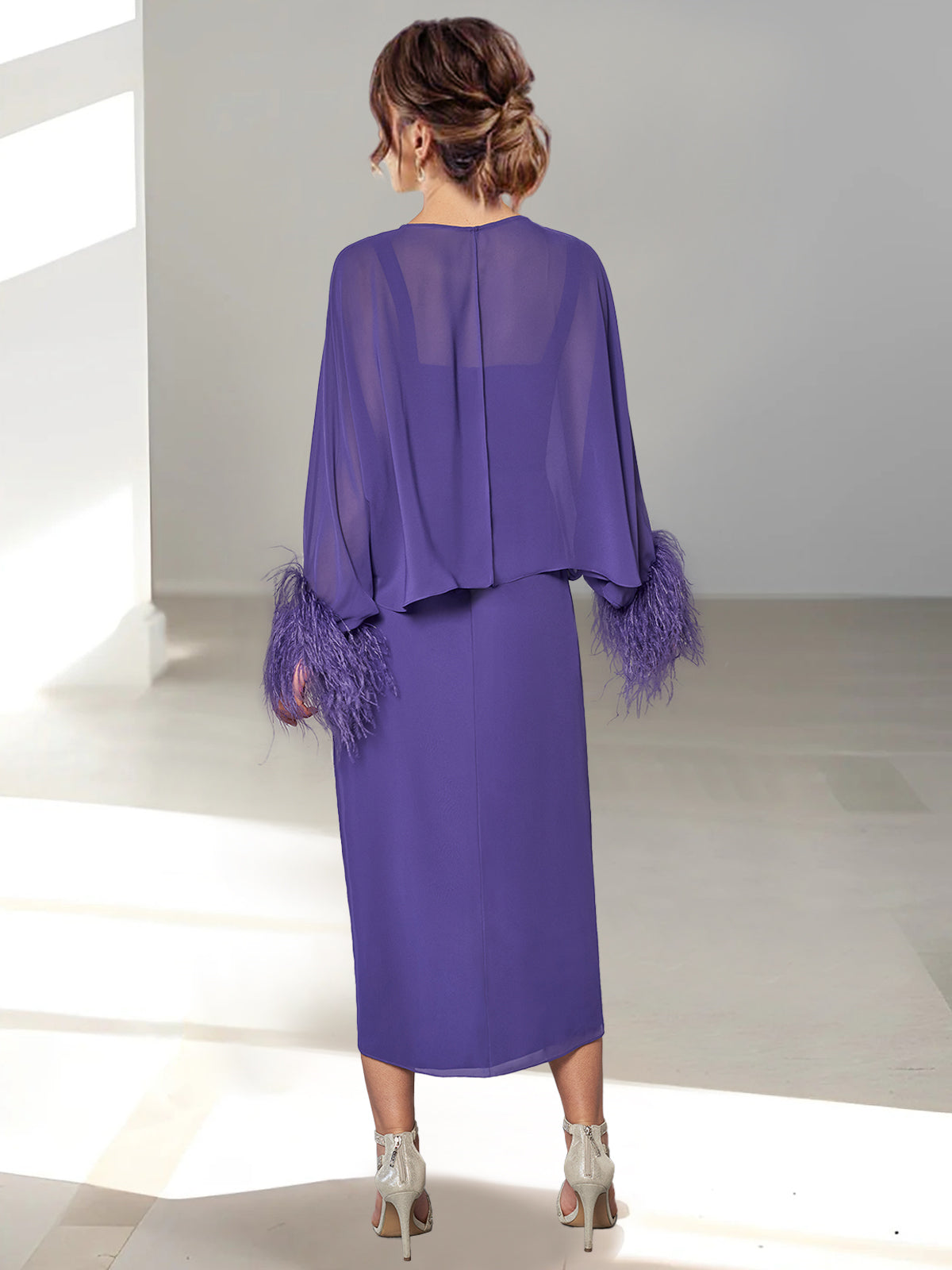 Feathered Jacket Tea-Length Mother of the Bride A-Line/Princess Dresses