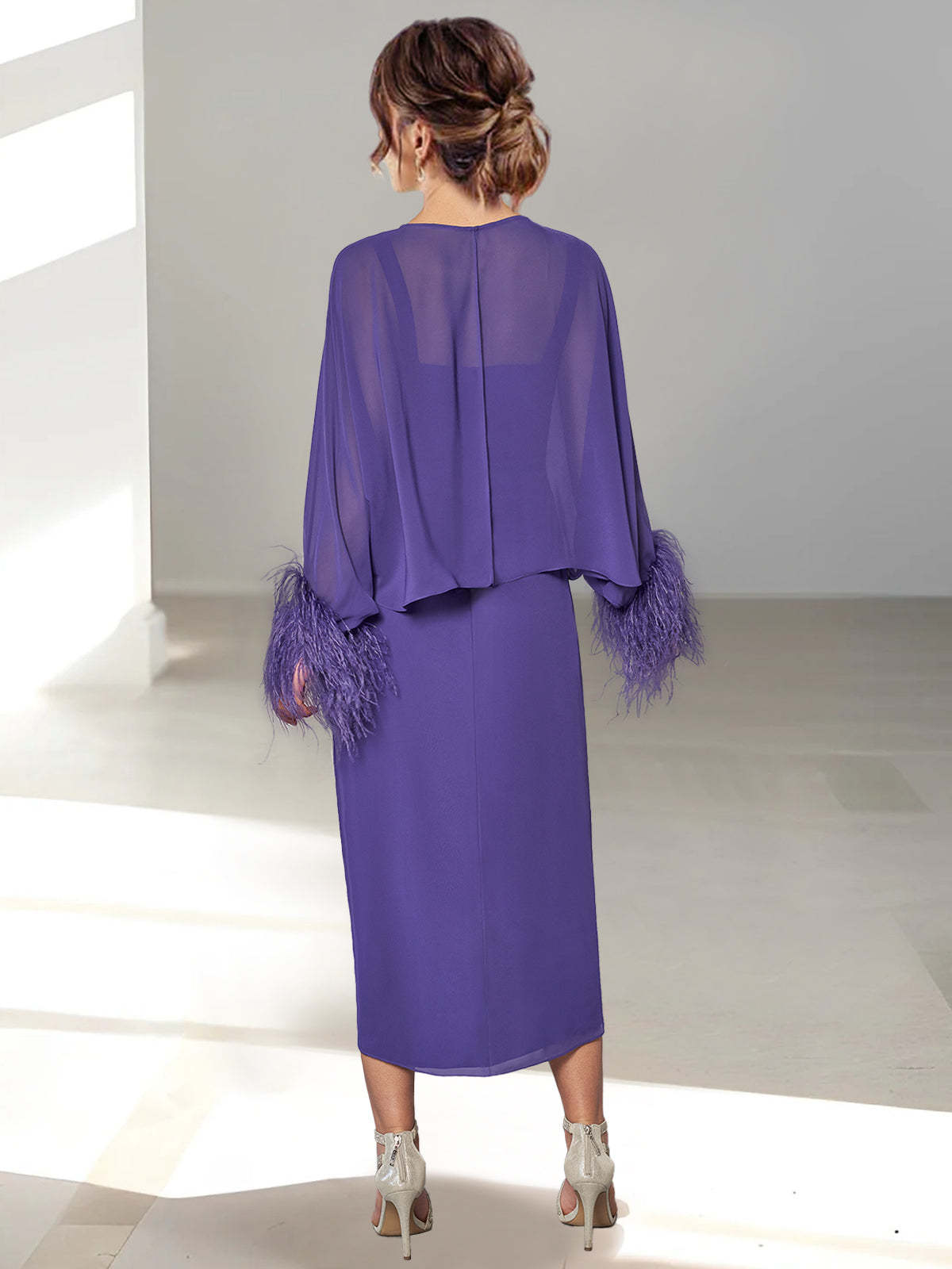 Feathered Jacket Tea-Length Mother of the Bride A-Line/Princess Dresses