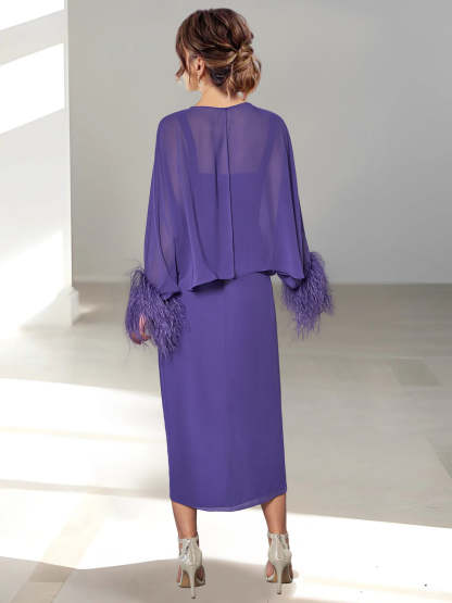 Feathered Jacket Tea-Length Mother of the Bride A-Line/Princess Dresses