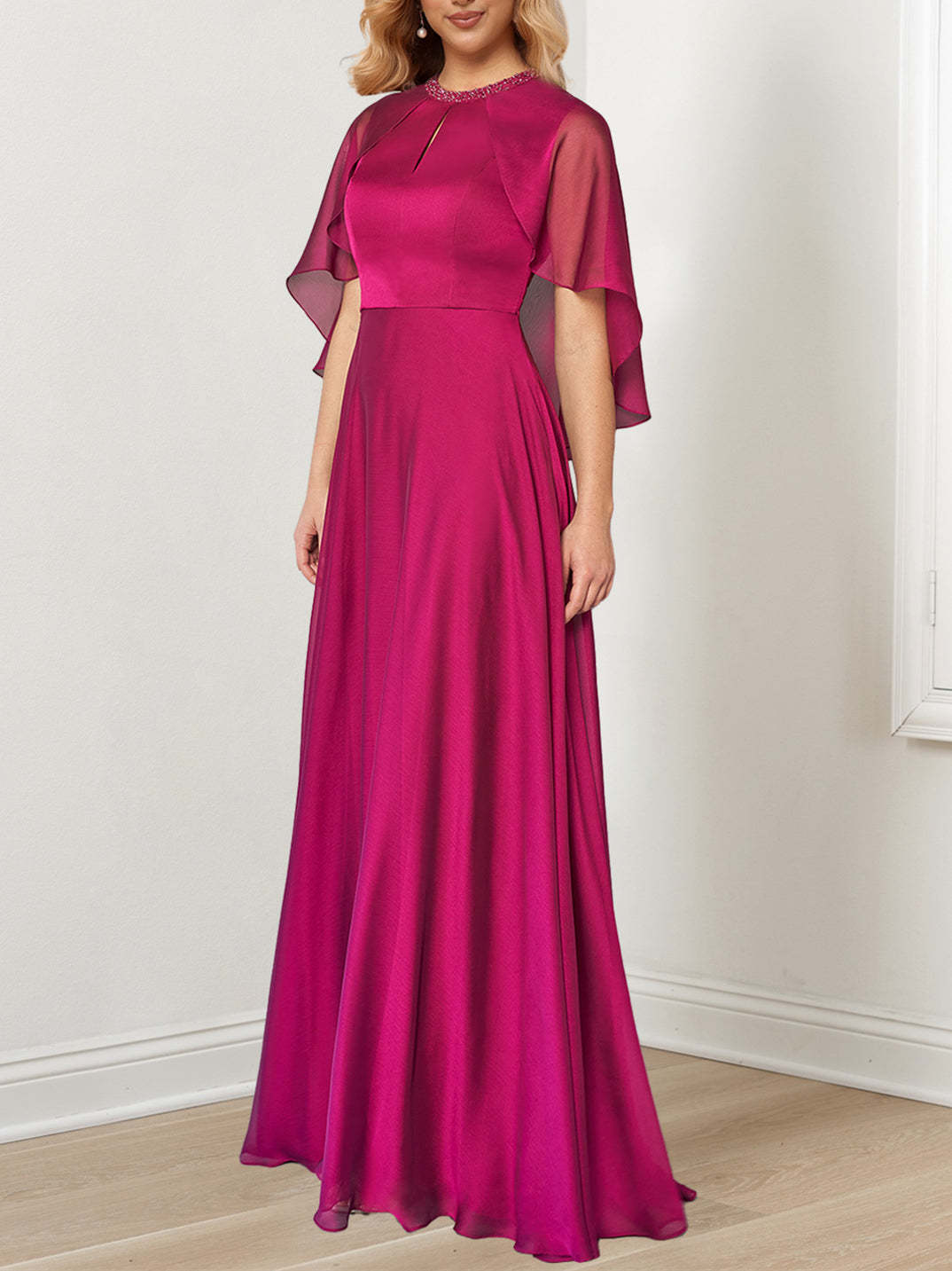 Floor-Length Mother of the Bride A-Line/Princess Dress with Hand-Beaded Jewel Neckline
