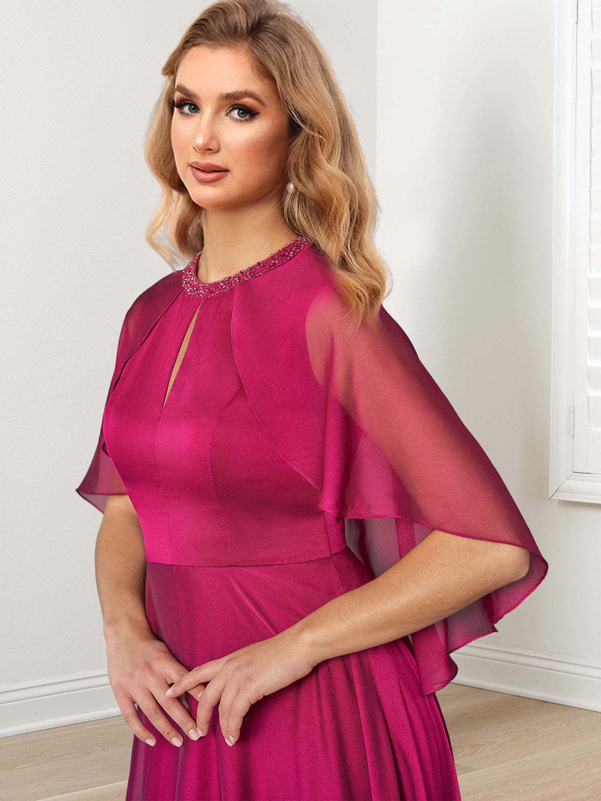 Floor-Length Mother of the Bride A-Line/Princess Dress with Hand-Beaded Jewel Neckline