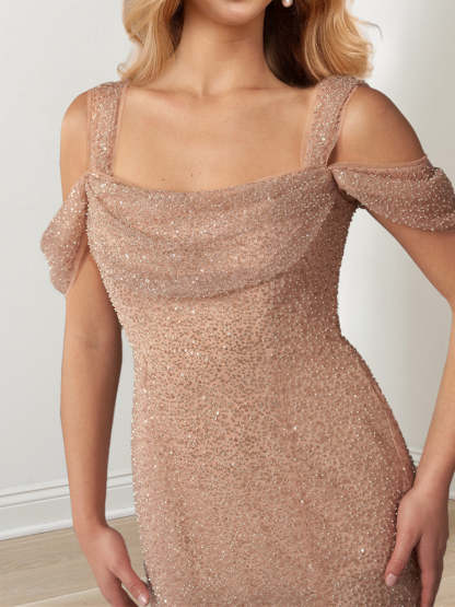 Evening Dresses with Off-the-Shoulder Draped Sleeves in A-Line/Princess Style