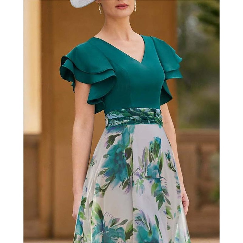 V-Neck Floral A-Line Princess Short Sleeve Ankle-Length Mother of the Bride Dress