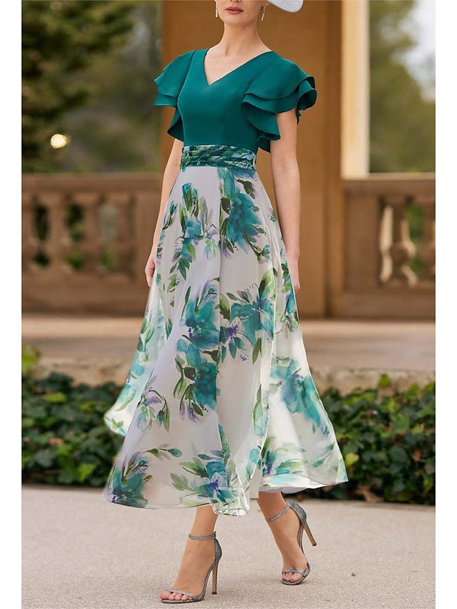 V-Neck Floral A-Line Princess Short Sleeve Ankle-Length Mother of the Bride Dress