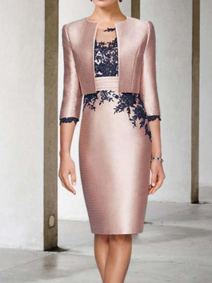 Color Block 2024 Mother of the Bride Two-Piece Dress with Appliques 3/4 Sleeve and Knee-Length