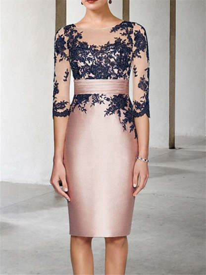 Color Block 2024 Mother of the Bride Two-Piece Dress with Appliques 3/4 Sleeve and Knee-Length