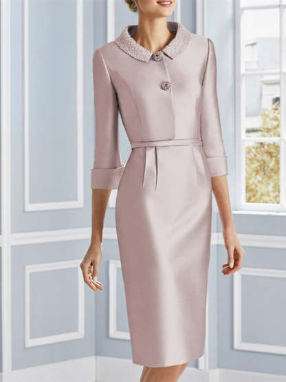 Knee-Length Satin Two-Piece Mother of the Bride Dress with Pearls and Jewel Neckline