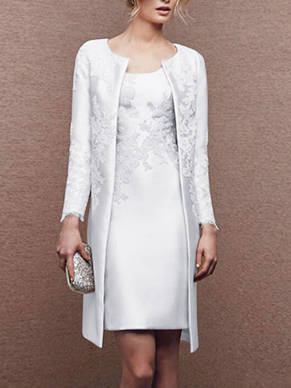 2 Knee-Length Satin Lace Sheath Dresses for Mothers of the Bride Sleeveless with Appliques