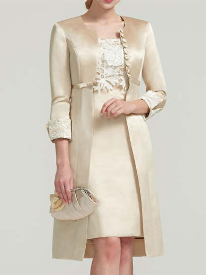 Square Neck Knee-Length Satin Lace Sheath Dress with Short Sleeves and Pleated Appliques for the Mother of the Bride-BMbridal.UK
