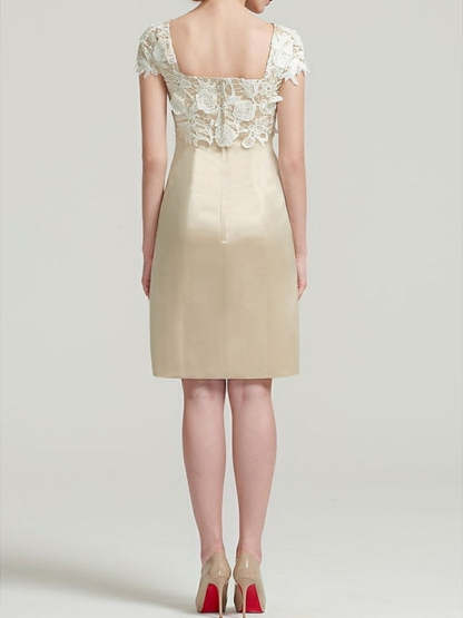 Square Neck Knee-Length Satin Lace Sheath Dress with Short Sleeves and Pleated Appliques for the Mother of the Bride-BMbridal.UK