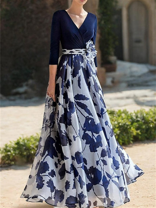 Floral Mother of the Bride Dress with V Neck and 3/4 Sleeves in A-Line/Princess Style