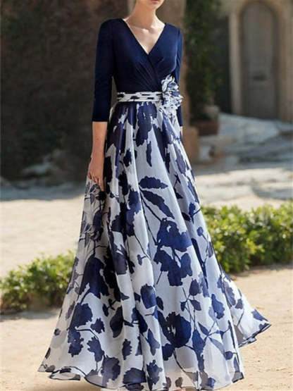 Floral Mother of the Bride Dress with V Neck and 3/4 Sleeves in A-Line/Princess Style