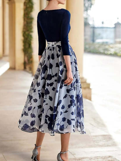 Princess A-Line V-Neck Floral Mother of the Bride Dress with 3/4 Sleeves and Ankle Length