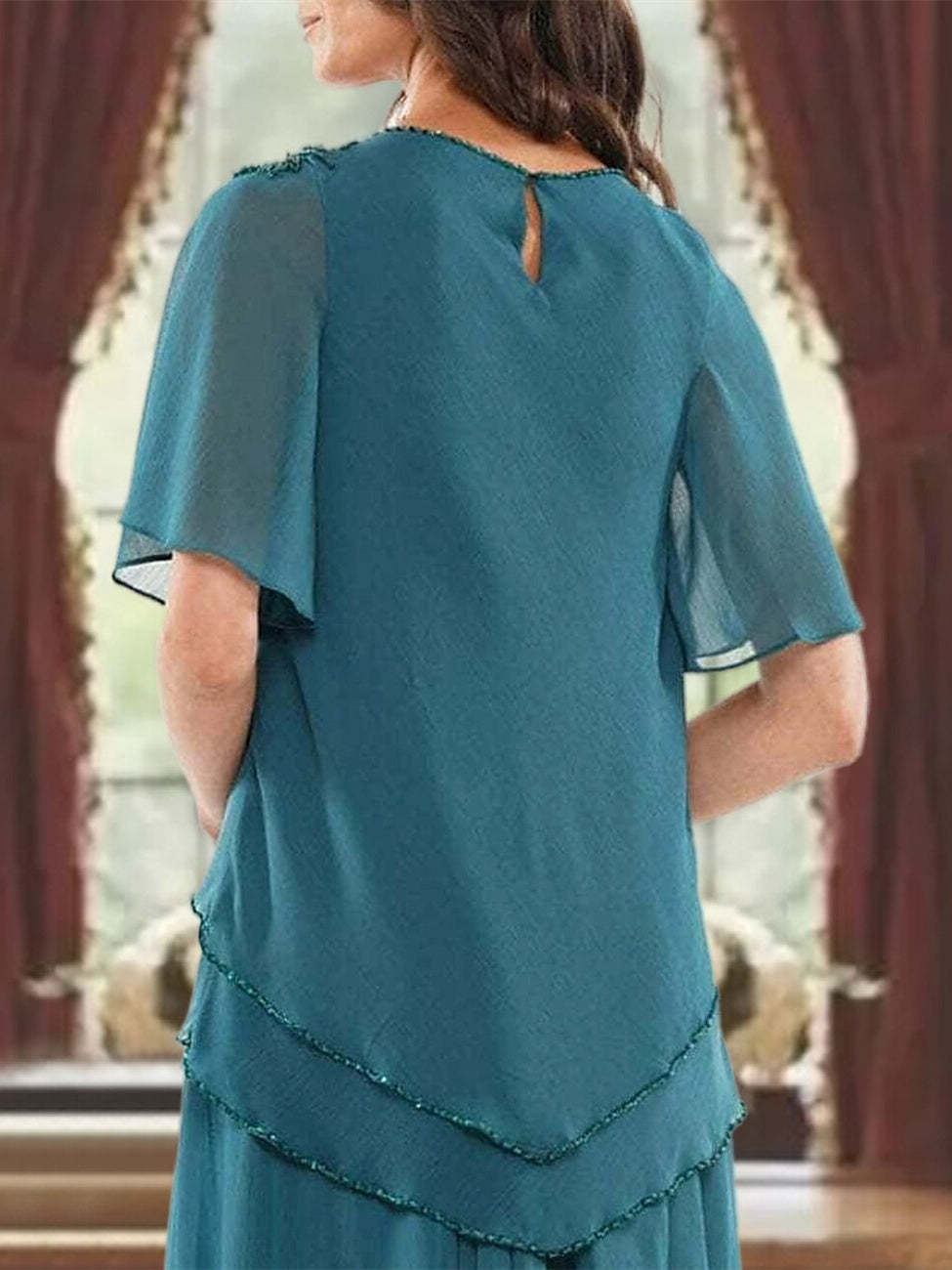 Princess A-Line Floor-Length Mother of the Bride Dress with Jewel Neck Short Sleeves Pleats & Beading-BMbridal.UK