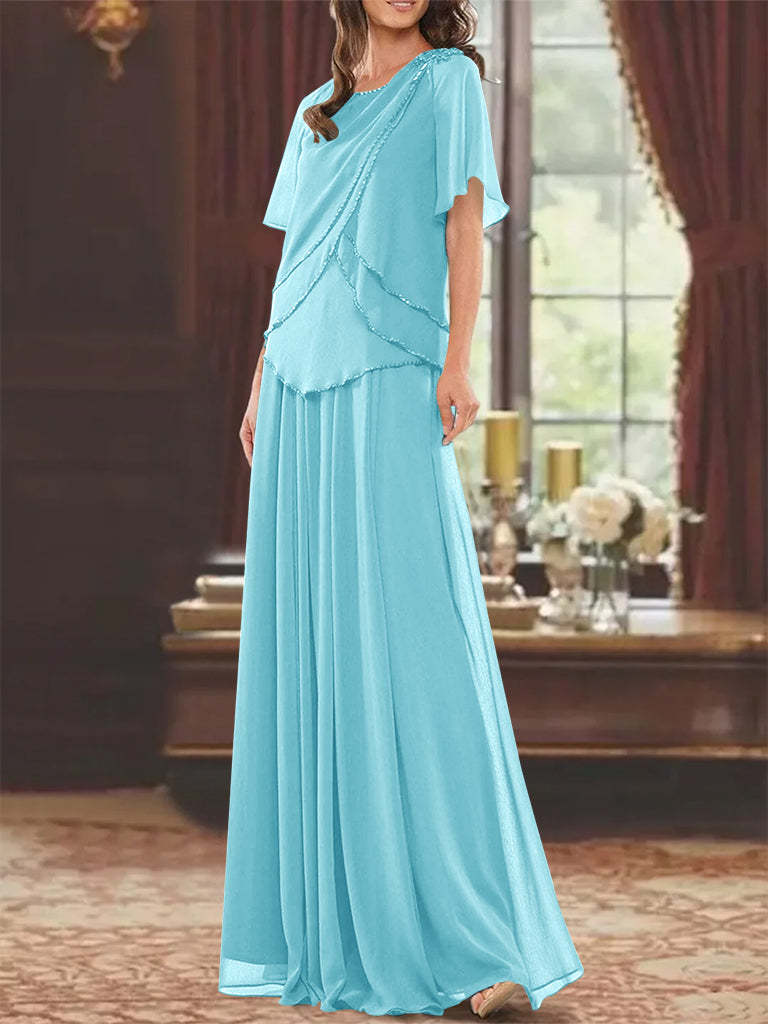 Princess A-Line Floor-Length Mother of the Bride Dress with Jewel Neck Short Sleeves Pleats & Beading-BMbridal.UK