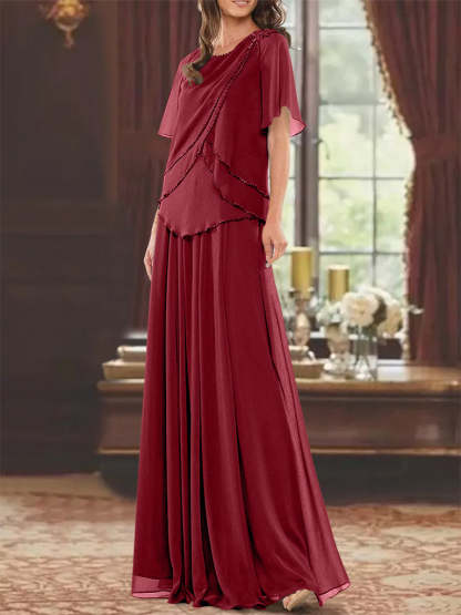 Princess A-Line Floor-Length Mother of the Bride Dress with Jewel Neck Short Sleeves Pleats & Beading-BMbridal.UK