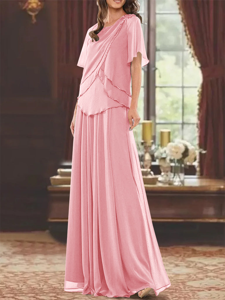 Princess A-Line Floor-Length Mother of the Bride Dress with Jewel Neck Short Sleeves Pleats & Beading-BMbridal.UK