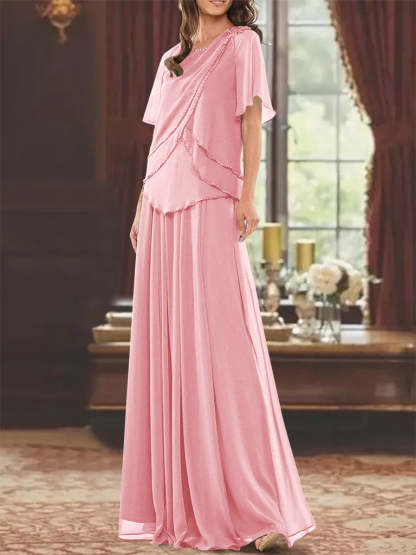 Princess A-Line Floor-Length Mother of the Bride Dress with Jewel Neck Short Sleeves Pleats & Beading-BMbridal.UK