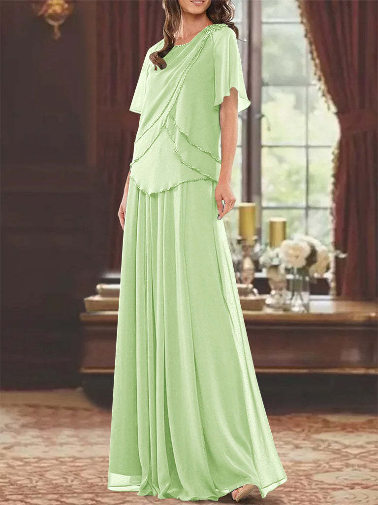 Princess A-Line Floor-Length Mother of the Bride Dress with Jewel Neck Short Sleeves Pleats & Beading-BMbridal.UK