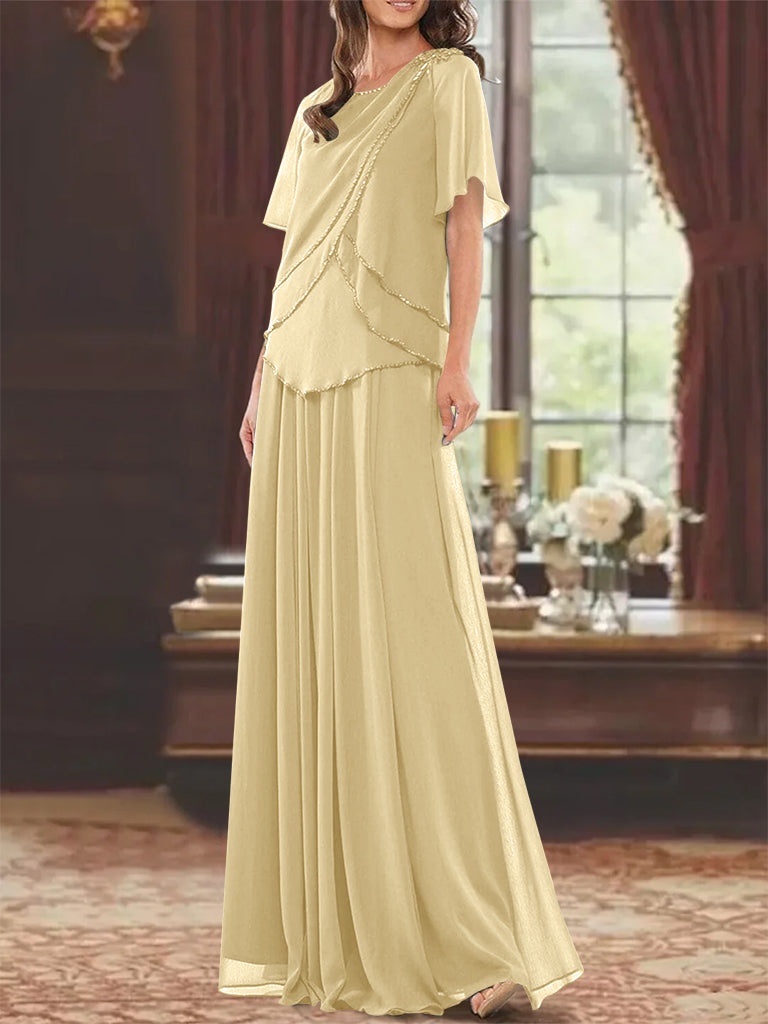 Princess A-Line Floor-Length Mother of the Bride Dress with Jewel Neck Short Sleeves Pleats & Beading-BMbridal.UK